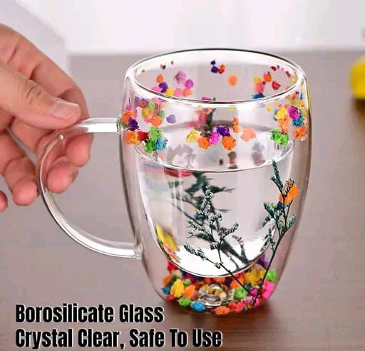 Double Wall Flower Glass Tea Cups, Aesthetic Flowers Coffee Mugs