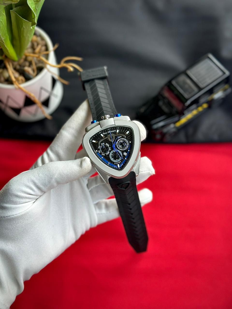 Shield-Triangle Avant-Garde Chronograph | High-Impact Silicone Strap | Designer "Spider-Web" Technical Dial