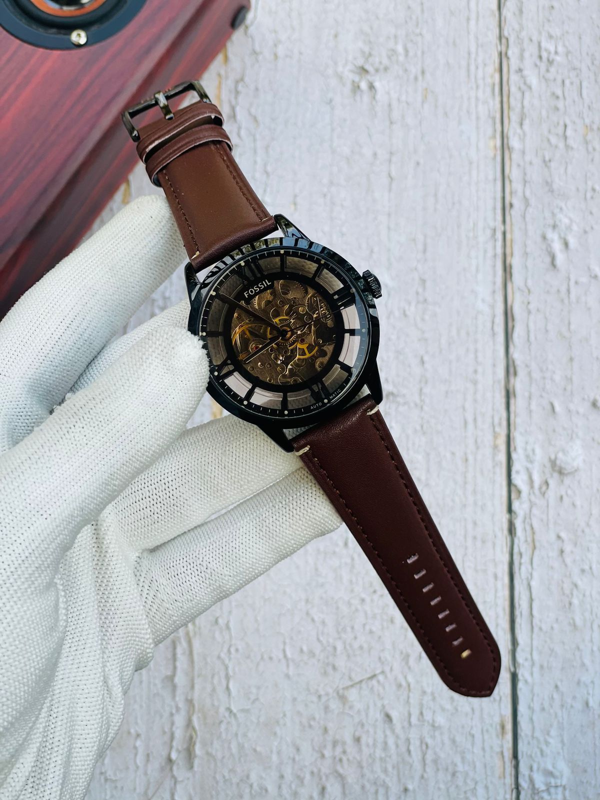 Fossil Heritage Skeleton Automatic | Genuine Brown Leather Strap | Premium Exposed Gear Mechanical Watch