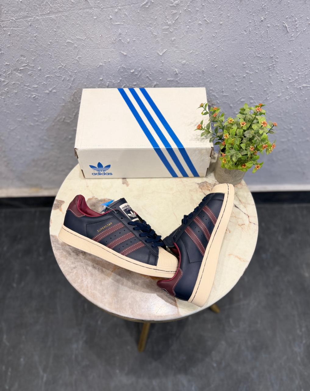 Adidas Superstar "Obsidian & Maroon" – Vintage Leather Shell-Toe Sneakers