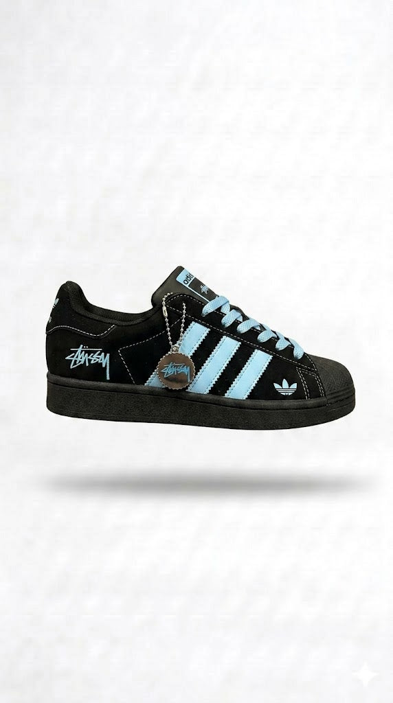 Adidas Superstar x Stüssy Edition – Core Black & Ice Blue Premium Sneakers