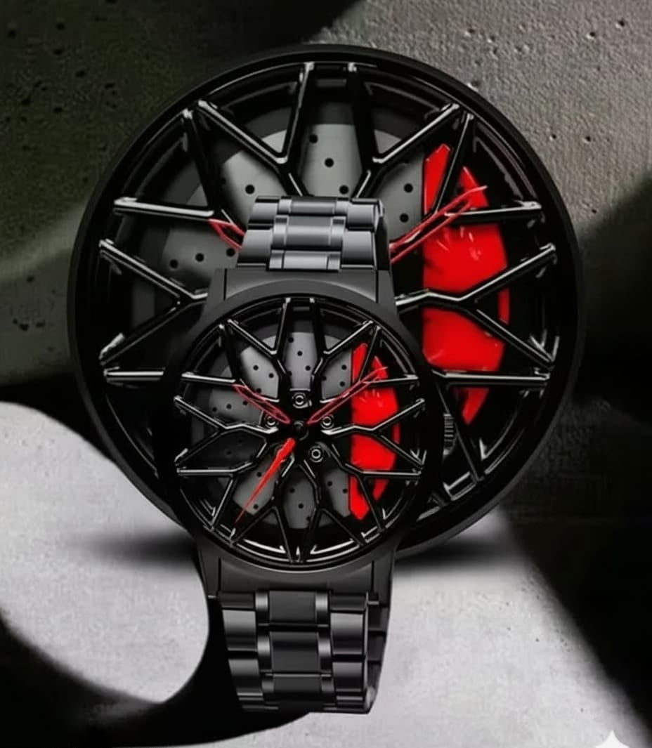 Black KHXR Spinning car wheel rotating gyro analog watch