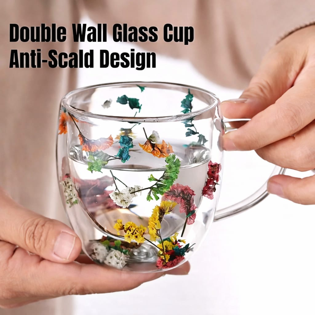 Double Wall Flower Glass Tea Cups, Aesthetic Flowers Coffee Mugs