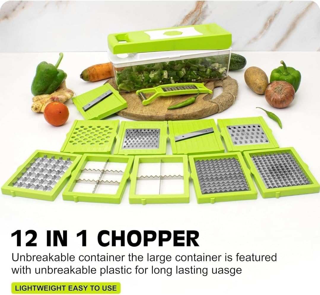 12-in-1 Vegetable Chopper & Slicer | Multipurpose Fruits & Vegetable Cutter, Grater, Peeler & Dicer | Unbreakable Food-Grade Body with Easy Push-to-Clean Button (Green