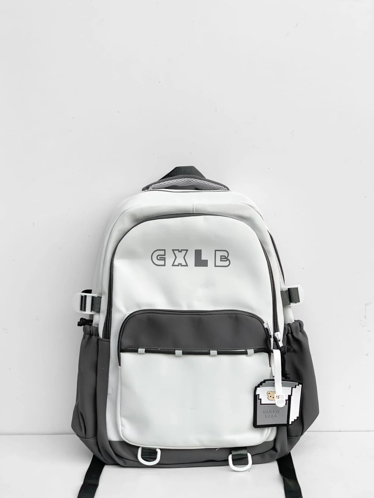 Premium Option: CXLE Urban Tech Backpack – Monochromatic Slate & Frost Sporty Option: CXLE Multi-Compartment Contrast Daypack Minimalist Option: CXLE Series Explorer Backpack with Bernie Bear Charm