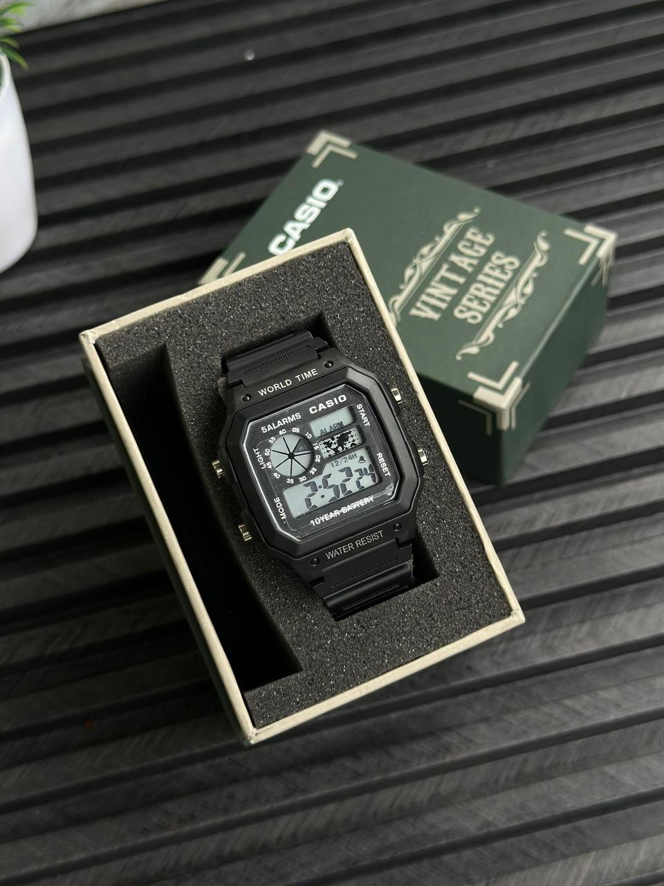 Classic Digital World Time Watch | 10-Year Battery Life | Stealth Black Tactical Resin Watch