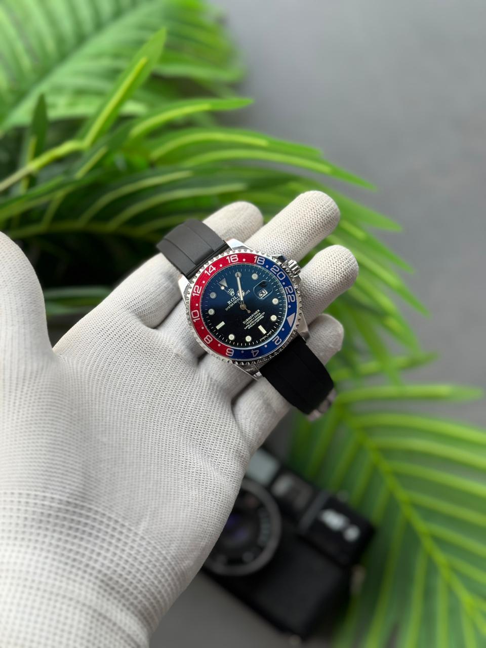 Rolex GMT-Master II Pepsi Style Luxury Men's Watch – Black Rubber Strap | Premium Edition