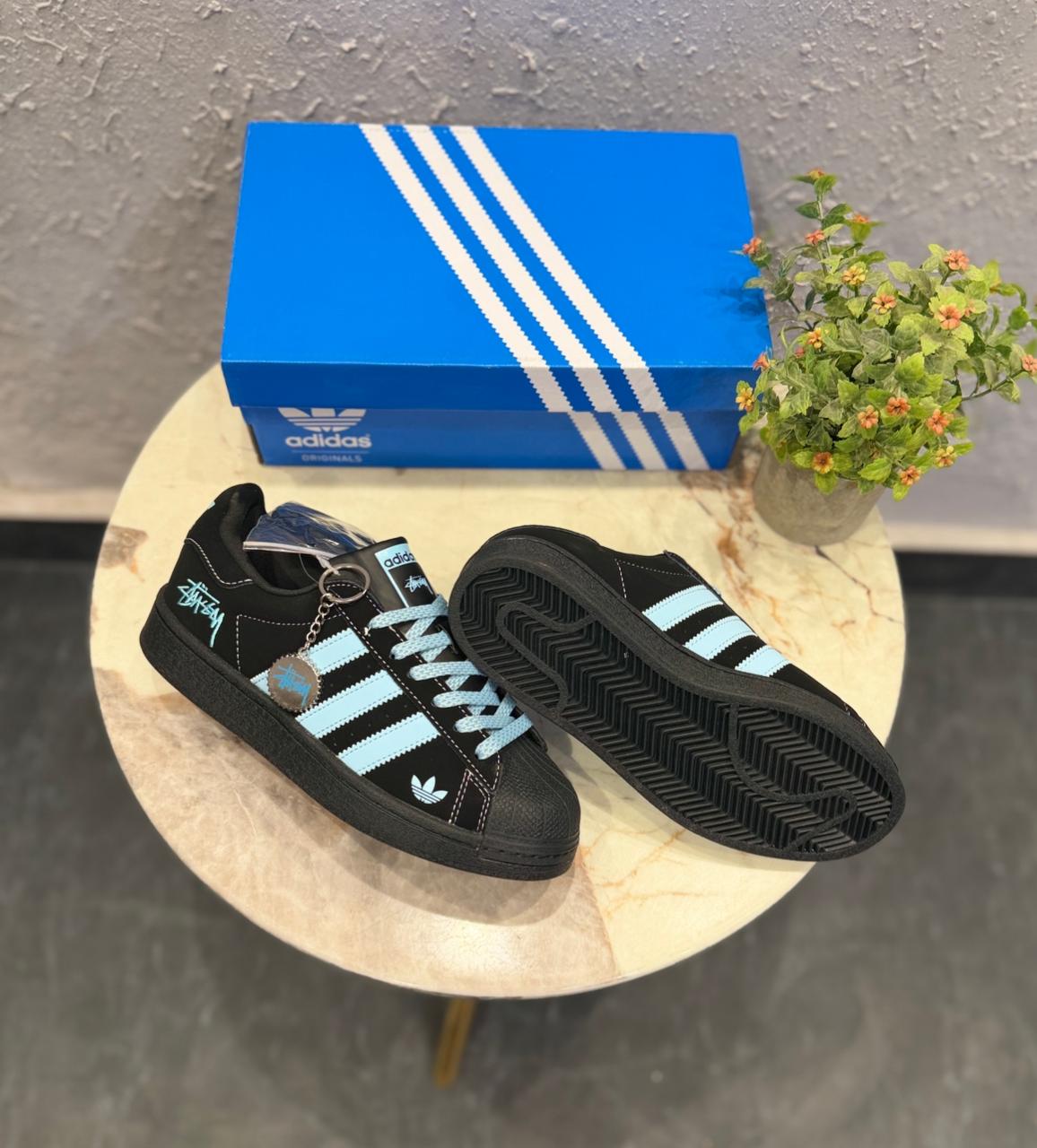 Adidas Superstar x Stüssy Edition – Core Black & Ice Blue Premium Sneakers