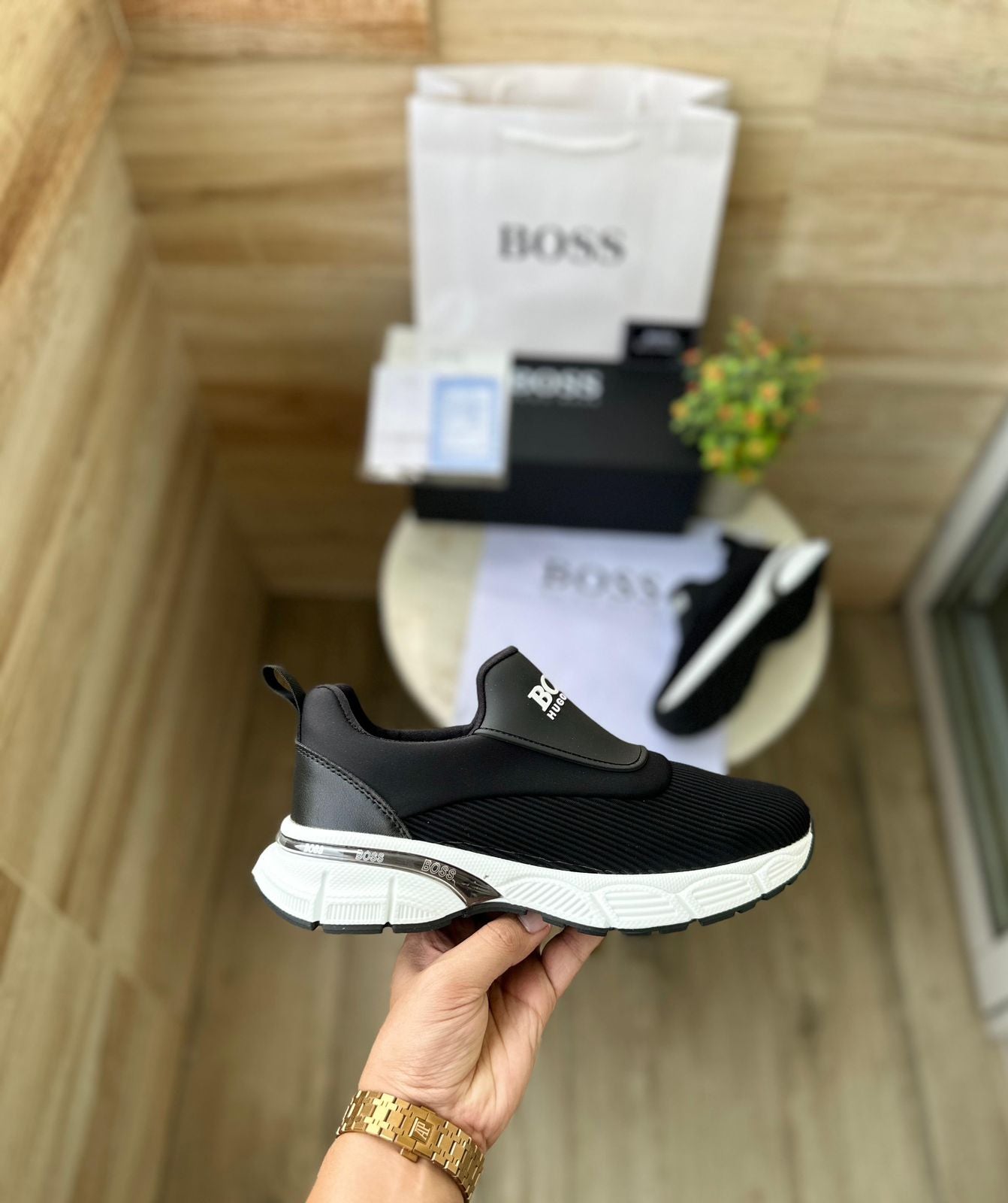 BOSS Hugo Boss Men's Black Knitted Slip-On Sneakers with Premium White Sole