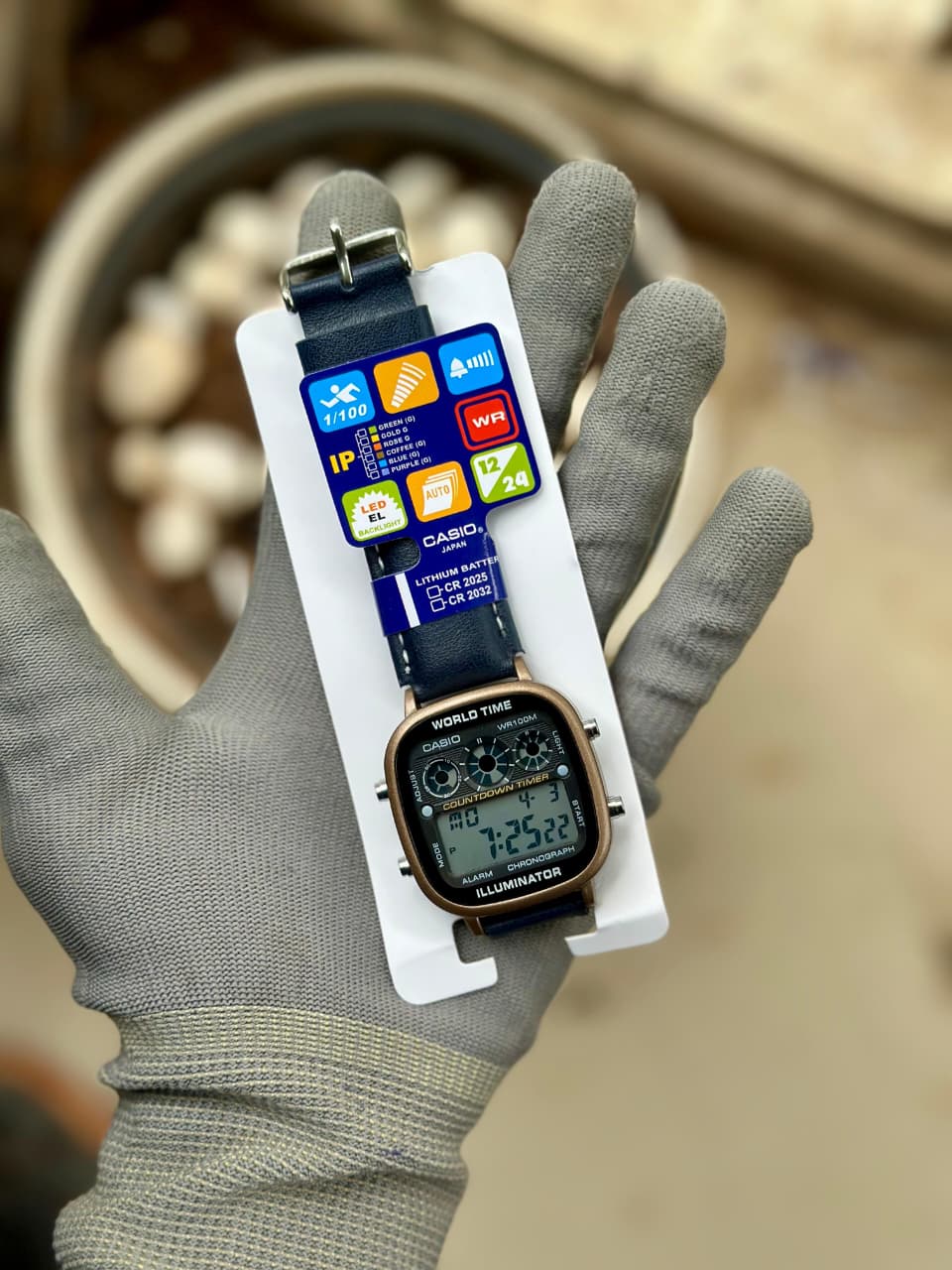 Classic World Time Digital Watch – Premium Navy Blue Leather Edition