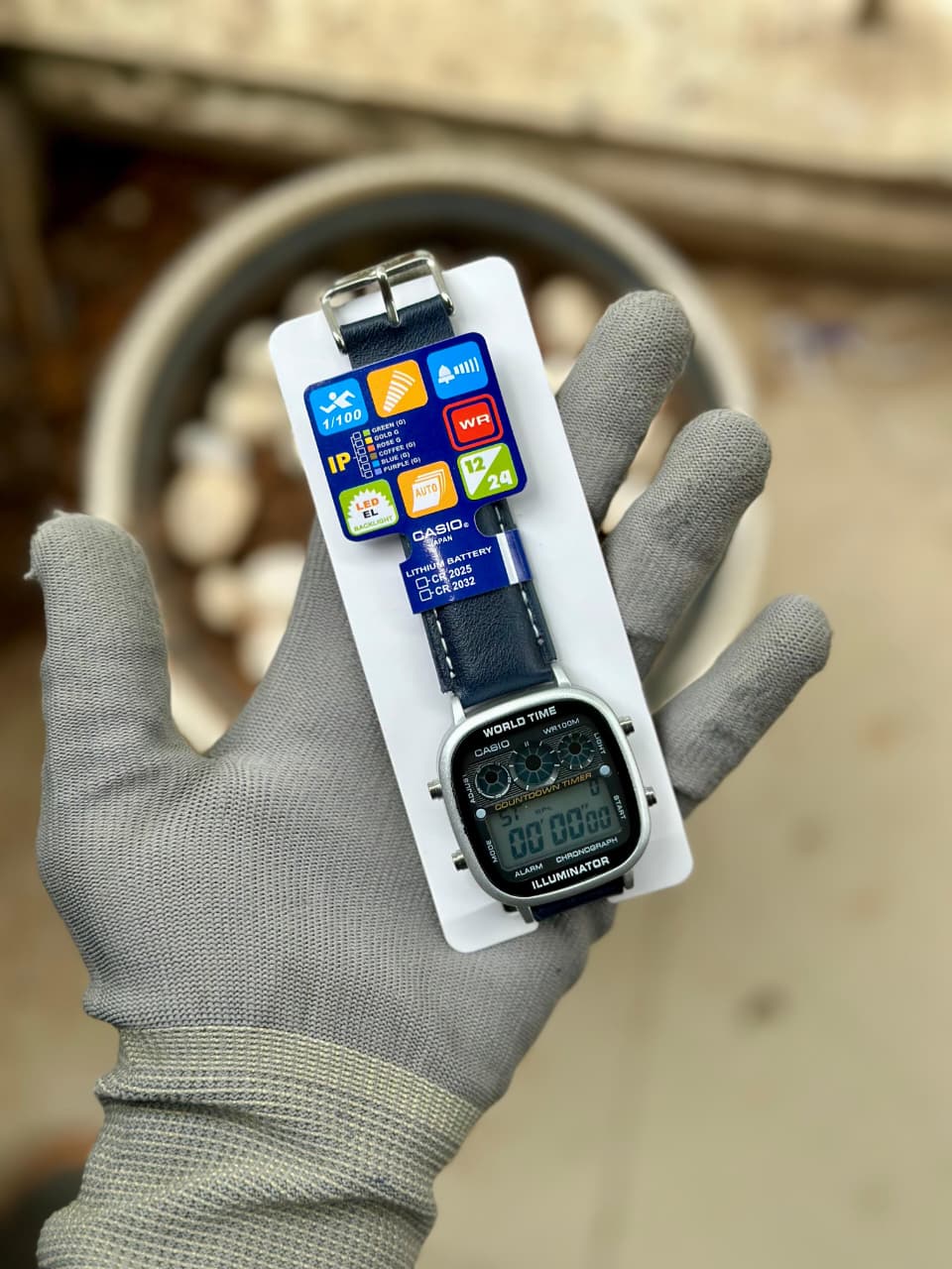 Classic World Time Digital Watch – Premium Navy Blue Leather Edition
