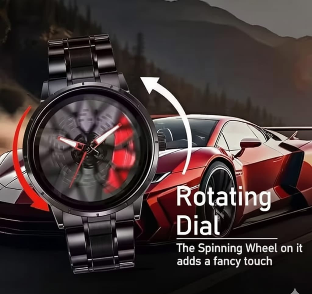 Black KHXR Spinning car wheel rotating gyro analog watch