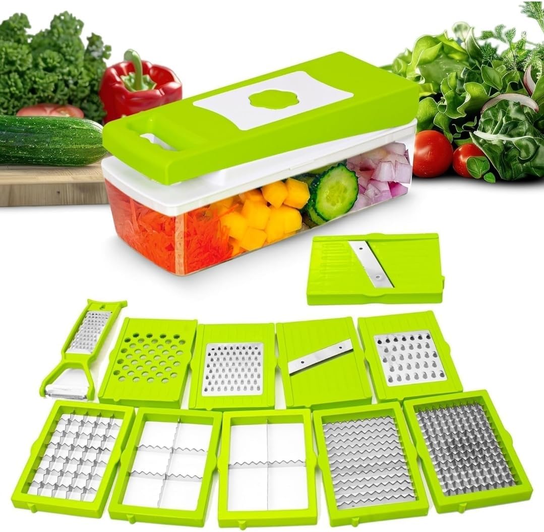 12-in-1 Vegetable Chopper & Slicer | Multipurpose Fruits & Vegetable Cutter, Grater, Peeler & Dicer | Unbreakable Food-Grade Body with Easy Push-to-Clean Button (Green
