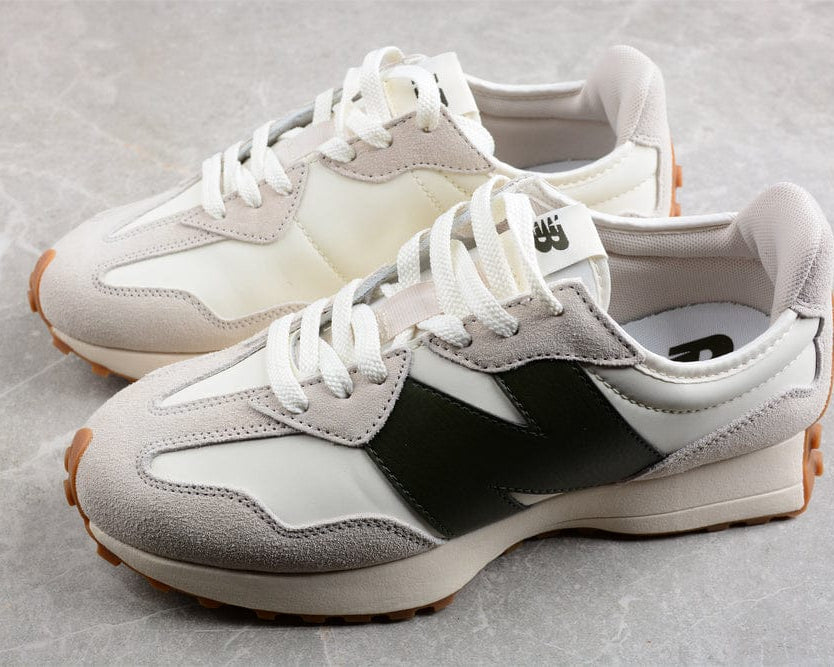 New Balance 327 sneaker in a Moonbeam and Classic Burgundy colorway