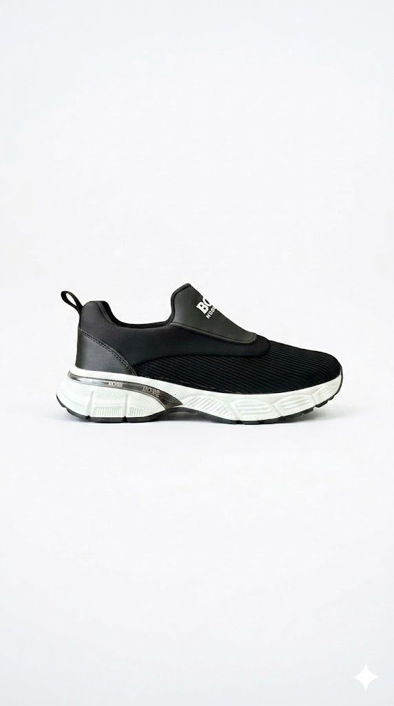 BOSS Hugo Boss Men's Black Knitted Slip-On Sneakers with Premium White Sole