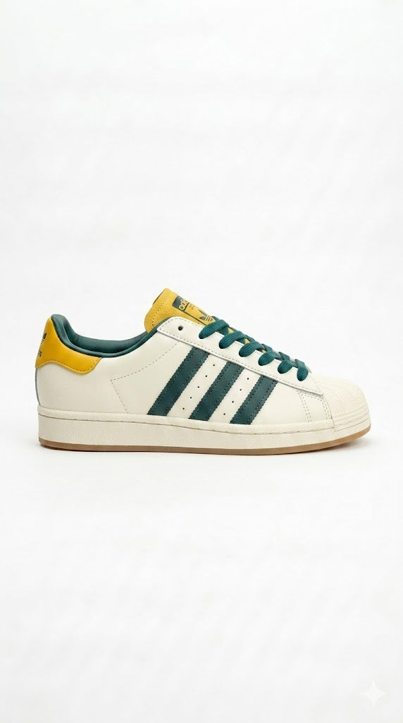 Adidas Superstar "Collegiate Pack" – Premium Cream, Forest Green & Gold Shell-Toe Sneakers