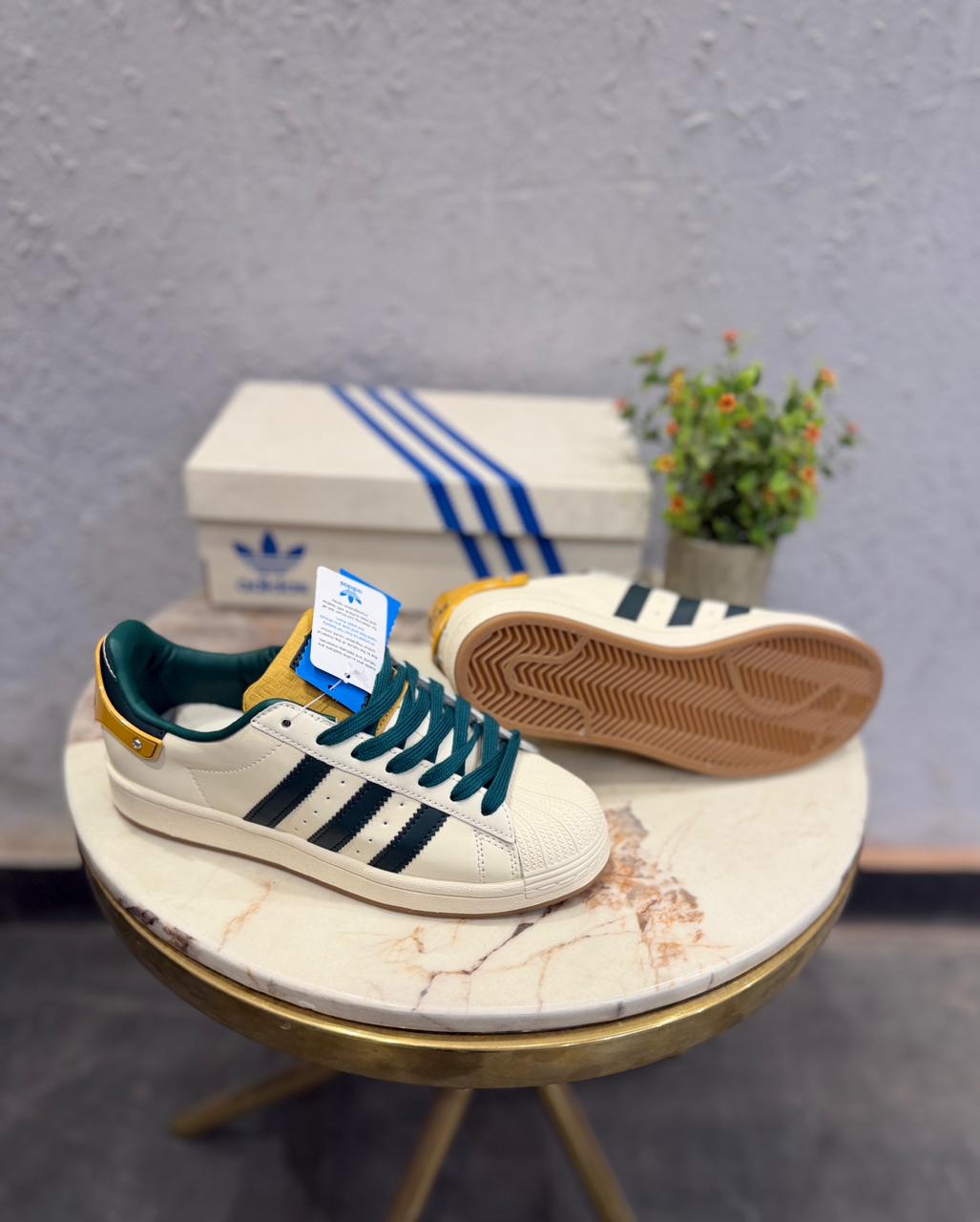 Adidas Superstar "Collegiate Pack" – Premium Cream, Forest Green & Gold Shell-Toe Sneakers