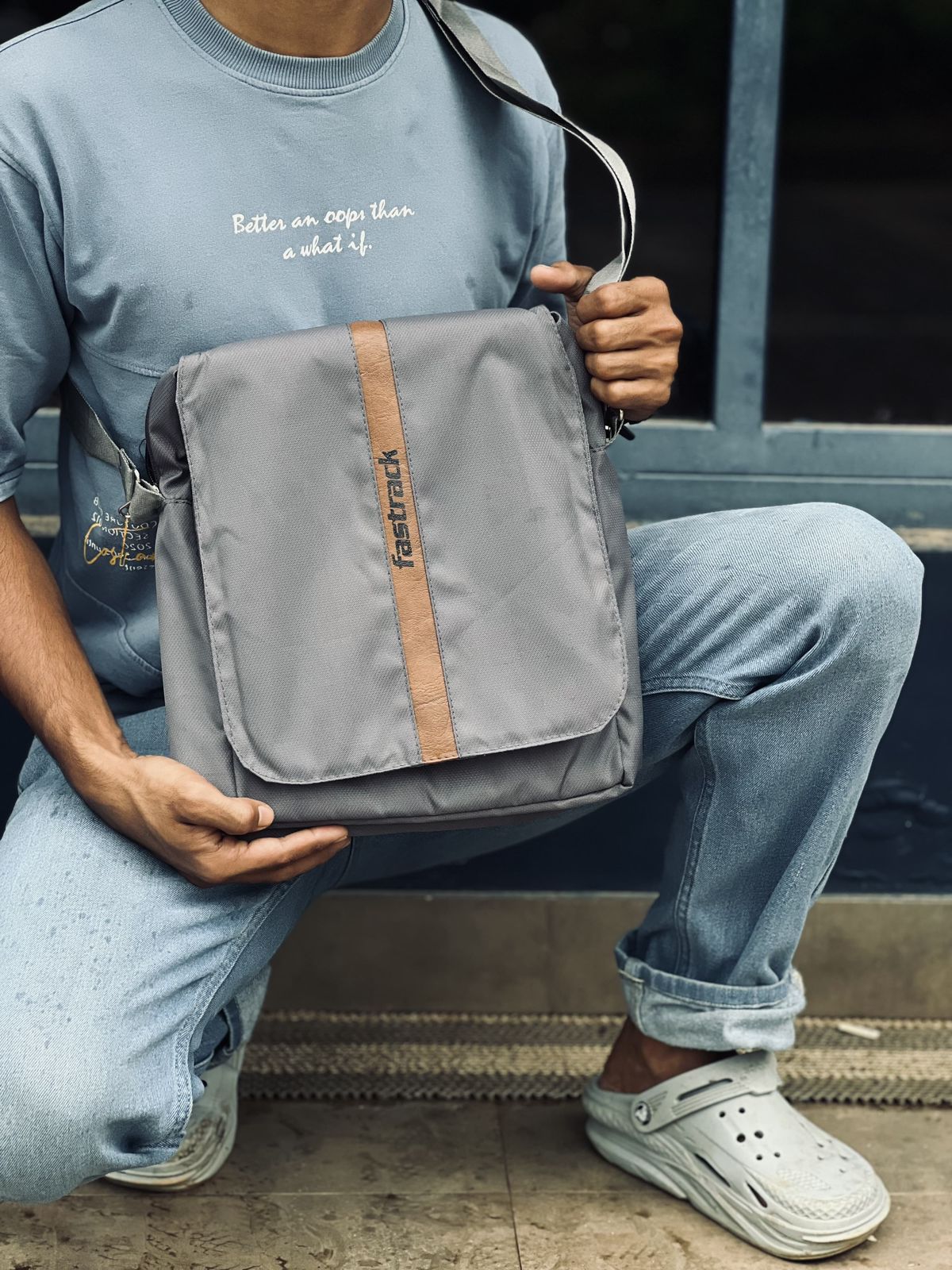 Fastrack Urban Utility Messenger Bag – Sleek Grey & Tan Crossbody