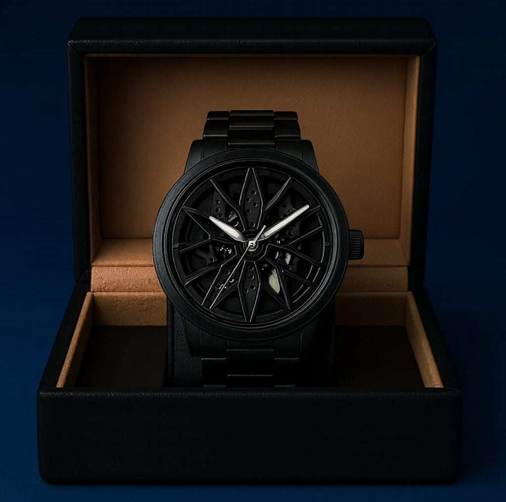 Obsidian Blue Skeleton Wheel Watch in black stainless steel (Copy)